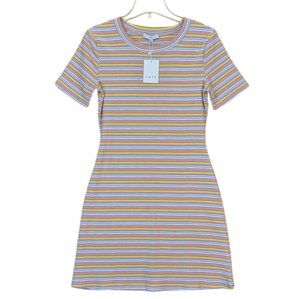 Fate Mini Dress Womens Large Kristen Striped Ribbed Knit Pink Multicolor Bodycon
